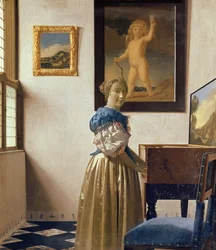 Eine junge Frau, die an einem Virginal steht, ca. 1670-72